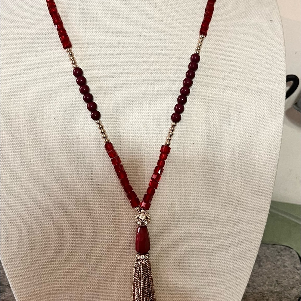 Sophisticated Red Beaded Necklace with Tassel Pendant